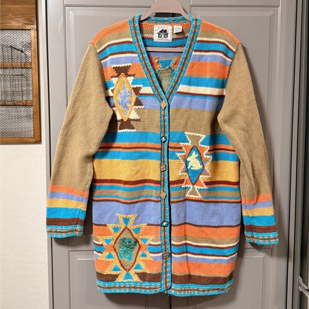 Storybook Knits Vintage Southwestern Animal Hand Longline Knit Cardigan, Multi,L